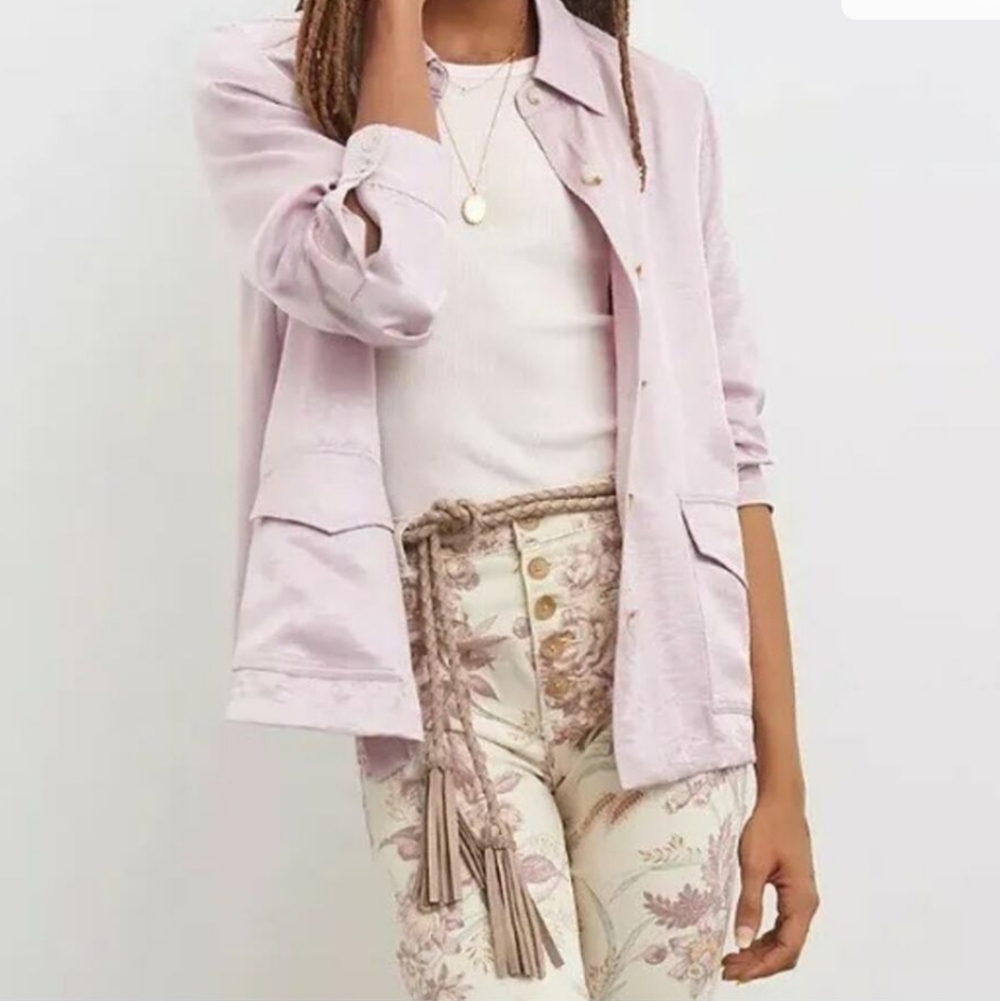 Current Air Lavender Satin Utility‎ Button Down Shirt Jacket Medium Anthro Sheen
